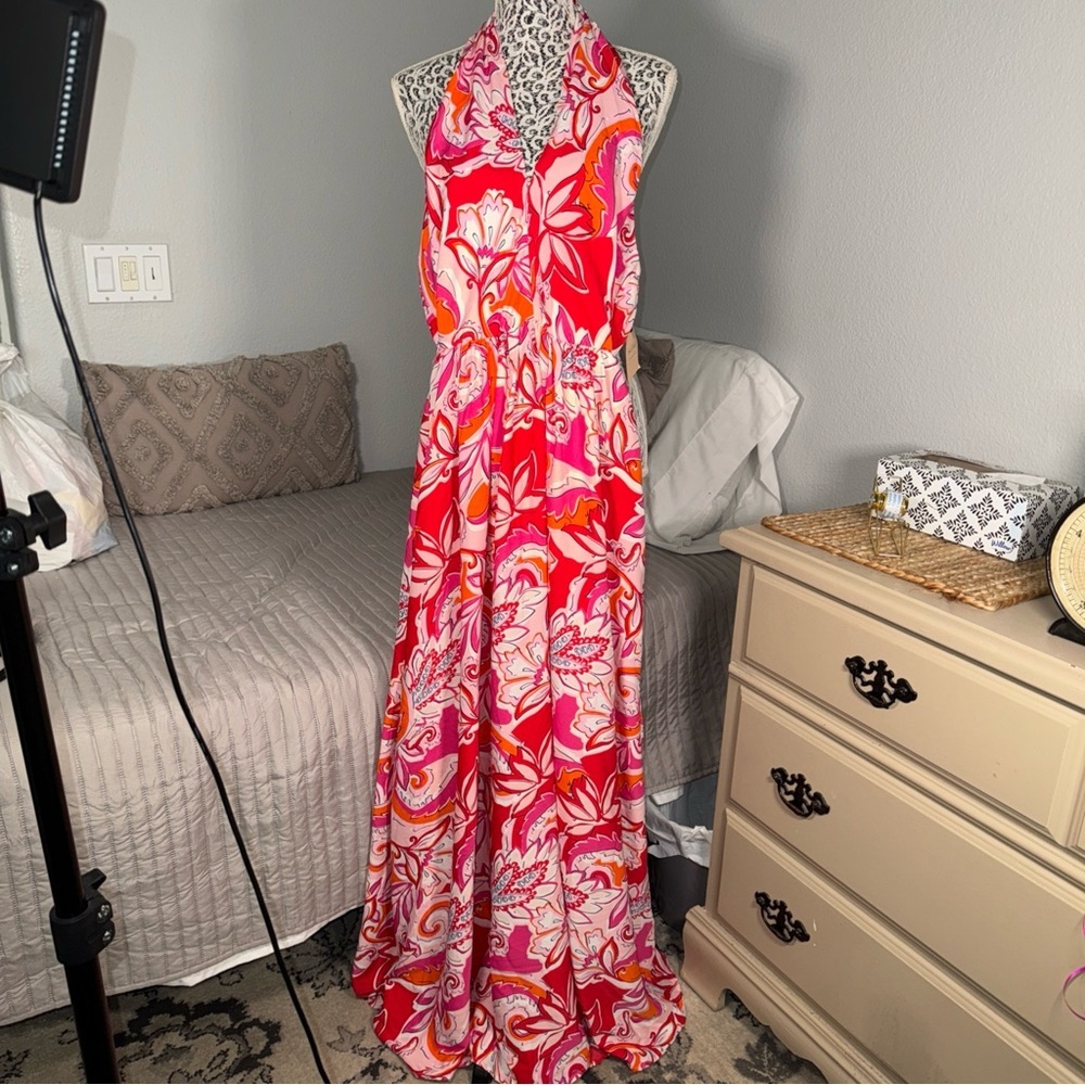 NWT unique vintage “smack parlour” paisley budding pink halter maxi dress Sz:XS